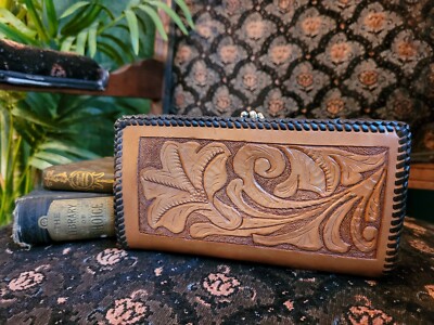 Vintage 70s Tooled Leather Floral Monogram 