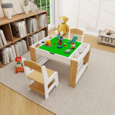 Kids 2-in-1 Play Table White w/ Chairs Storage, LEGO