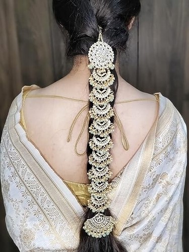 Gold Plated Handcrafted Kundan Bridal Wedding Hair Braid Choti Jewelry Set Newe - Picture 19 of 24
