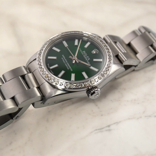 Rolex Oyster Perpetual 31 mm 1,75 ct diamanti quadrante verde acciaio orologio automatico - Foto 9 di 10