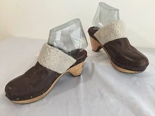 Lucky Brand Mules Heels Brown Leather & Fabric Wood Soles/Heels Size 8M/38