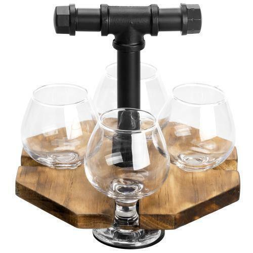 Industrial Metal Pipe & Rustic Burnt Wood Beer/Whiskey Flight Set with 4 Glasses - Picture 4 of 7