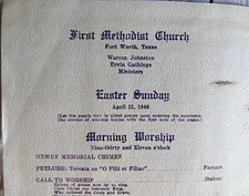 Fort Worth TX First Methodist Church 1946 Program Easter Service Warren Johnson