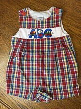 Vintage 80s Samara Seersucker Plaid Romper ABC Size 18 Months Plane Boat Car