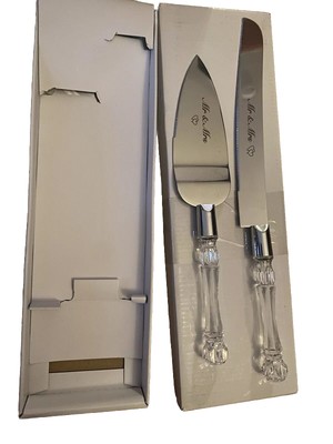 Engraved Cake Knife Set. Stainless Steel/ Clear Plastic Handles. Brand New.