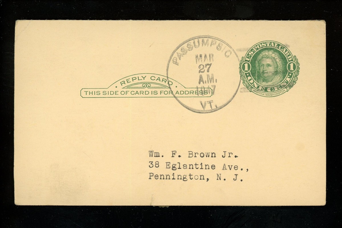 OLD USAページ US Postal History #UY7r Reply Card Post Office 1947 Passumpsic VT