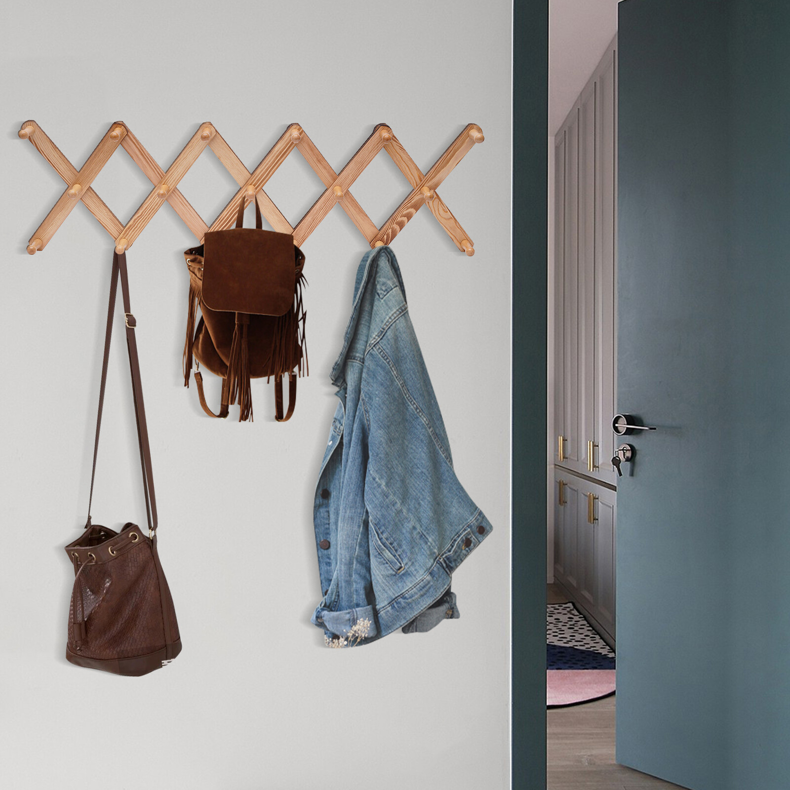 Accordian Wall Hanger Wooden WallMounted Coat Hat Rack 17 Hooks