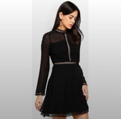 Bardot Black Jewel Neck Long Sleeve Cherie Dobby Chiffon Mini Dress SZ 10/L  New | eBay
