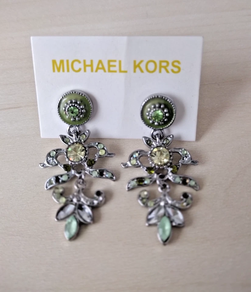 Pendientes colgantes Michael Kors nuevos con etiquetas cristal pavé tono plateado amarillo verde araña Foto 2 de 4