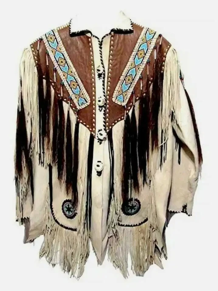 Men Special Suede Leather Jacket American Western Style Fringe & Beaded Work