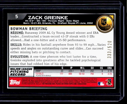 2010 Bowman Blue Parallel Zack Greinke Royals Dodgers 333/520 #5 - Picture 2 of 2