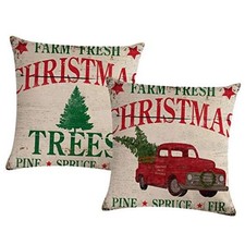 2Pack Christmas Throw Pillow Cushion Covers 18x18 Inch Farm Fresh Xmas Tree