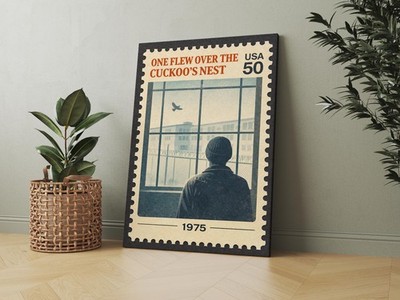 One Flew Over Film Retro Stempel Kunstdruck | Vintage Kunst Poster | Leinwand & gerahmt