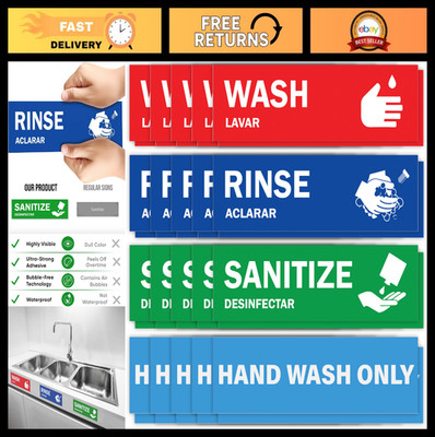 Wash Rinse Sanitize Sink Labels - 10 Pack - 3 Compartment Stickers - Bilingual E