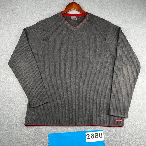 Quiksilver V Neck Sweater Ribbed Stretch Casual Mens XL Gray Red Trim