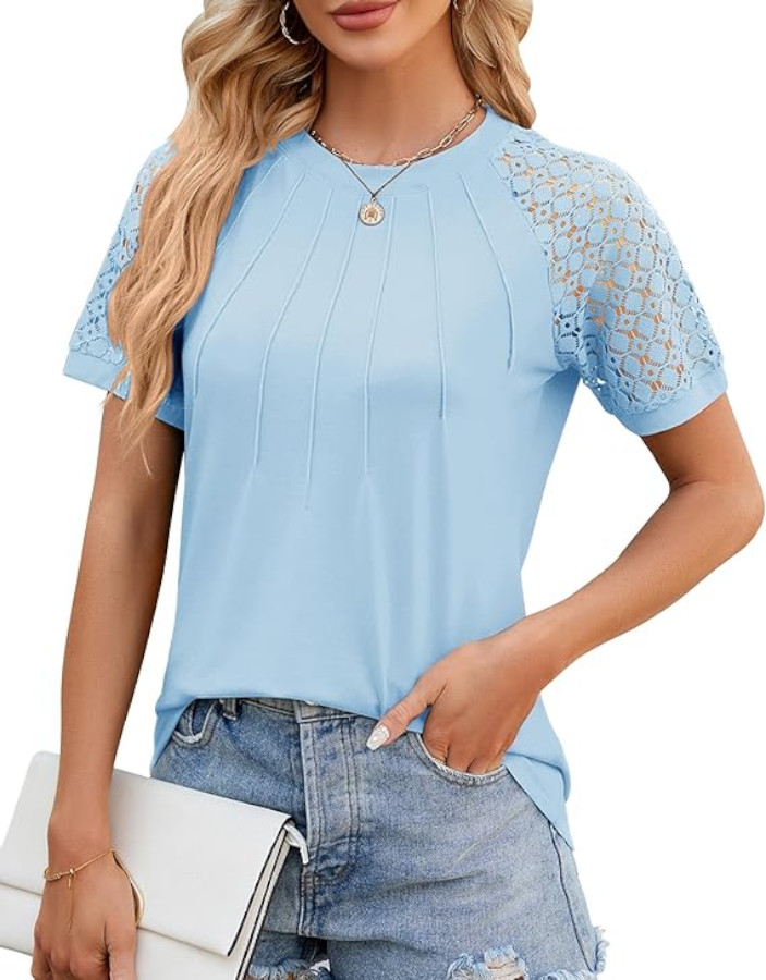 Automet Patchwork Lace Sleeves Pleated T-Shirt To… - image 2