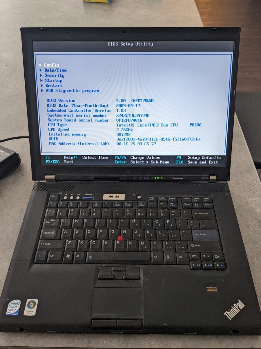 Lenovo ThinkPad T500 15.4in Intel Core 2 Duo, 2.26GHz, 3GB, No HDD
