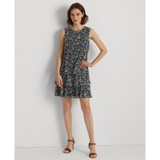 Lauren Ralph Lauren Floral Crinkle Georgette Dress - Blue/Red Multi SIZE 6