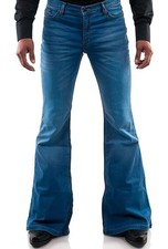 Vintage Premium Denim Bell Bottom Flared Stretch Men Jeans Blue Retro 1970s 4XL