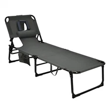 Goplus Outdoor Beach Lounge Chair Folding Chaise Lounge with Pillow Grey