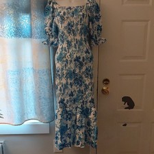 SHEIN White/Blue Floral Square Neck Puff Short Sleeve Smocked Maxi Dress Tall L