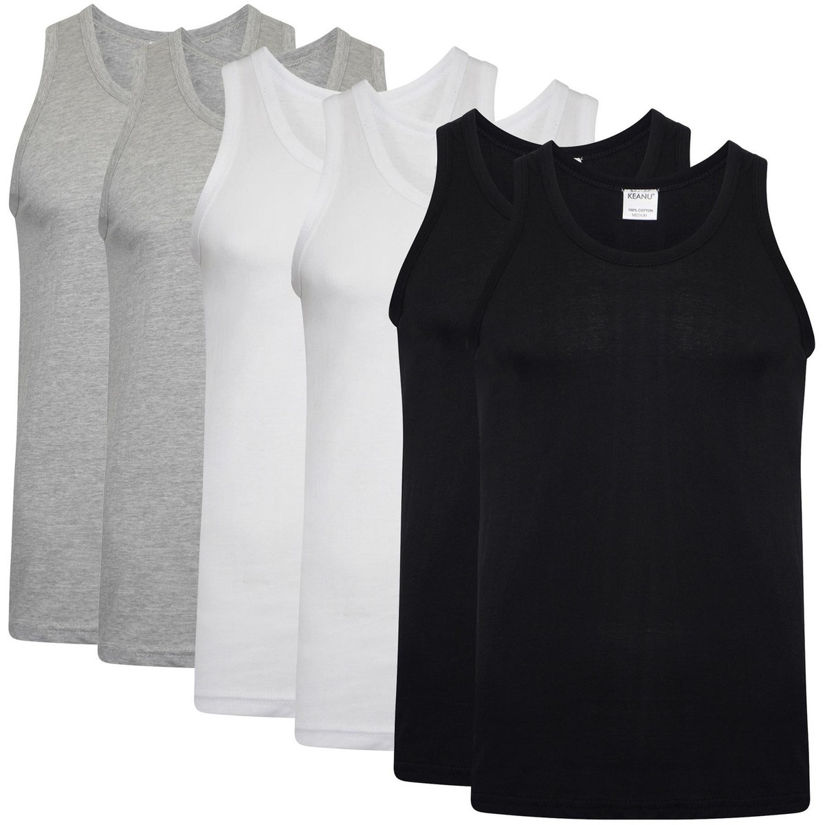 Mens Keanu 6 Pack 100% Cool Cotton Vests Coloured Blue Black