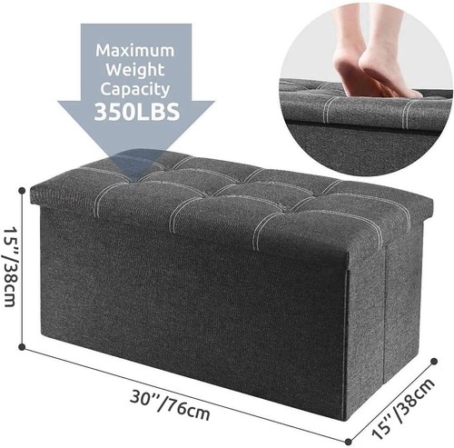 Folding Ottoman Grey Linen Fabric Storage Bench 15x30 Inches Footrest - Picture 5 of 11