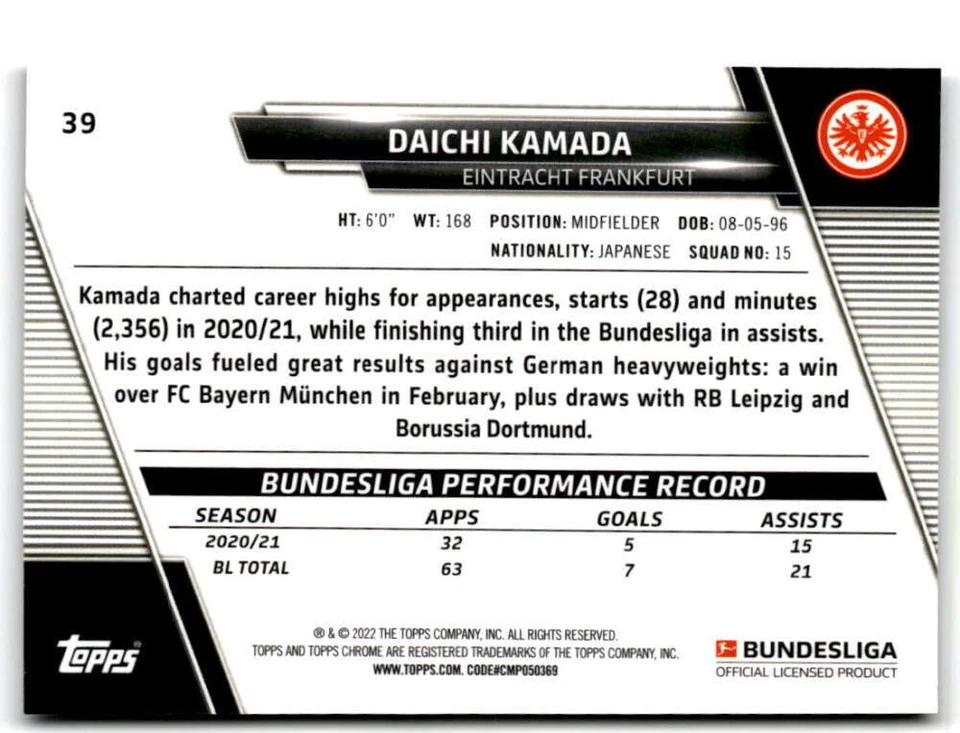 2021-22 Topps Chrome Bundesliga #39 Daichi Kamada Eintracht Frankfurt - Image 2 of 2