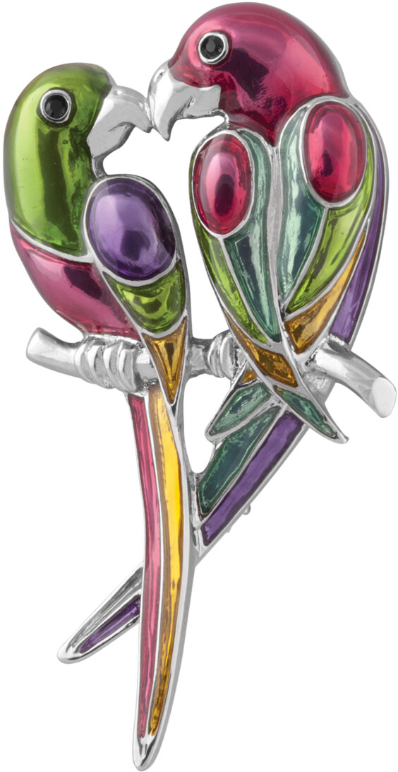 Parrots Pin Brooch Rhodium Plated Metal Alloy Set With Enamel By
