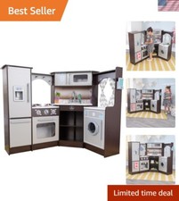 Ultimate Corner Wooden Play Kitchen with Lights Sounds, Play Phone and Curt...
