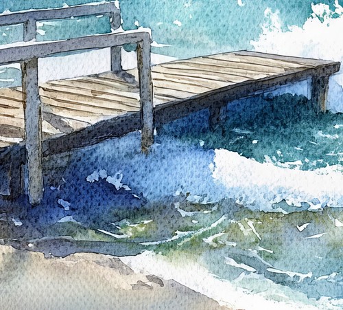 Peaceful Sea Pier Painting 5"x7" Print on Matte Paper Waves Shore Sky Water - Picture 14 of 17