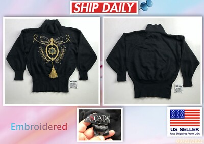 Escada Margaretha Ley 80s Black Gold Turtle Neck Embroider Wool Sweater 36 Small