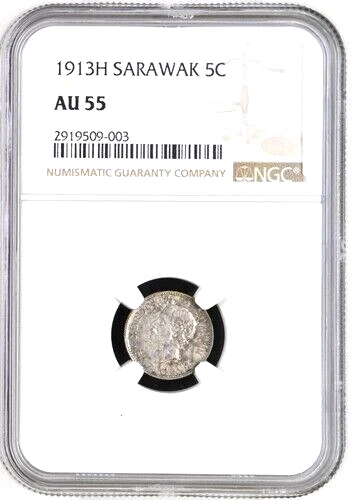 1913 H Sarawak 5 Cents, NGC AU 55