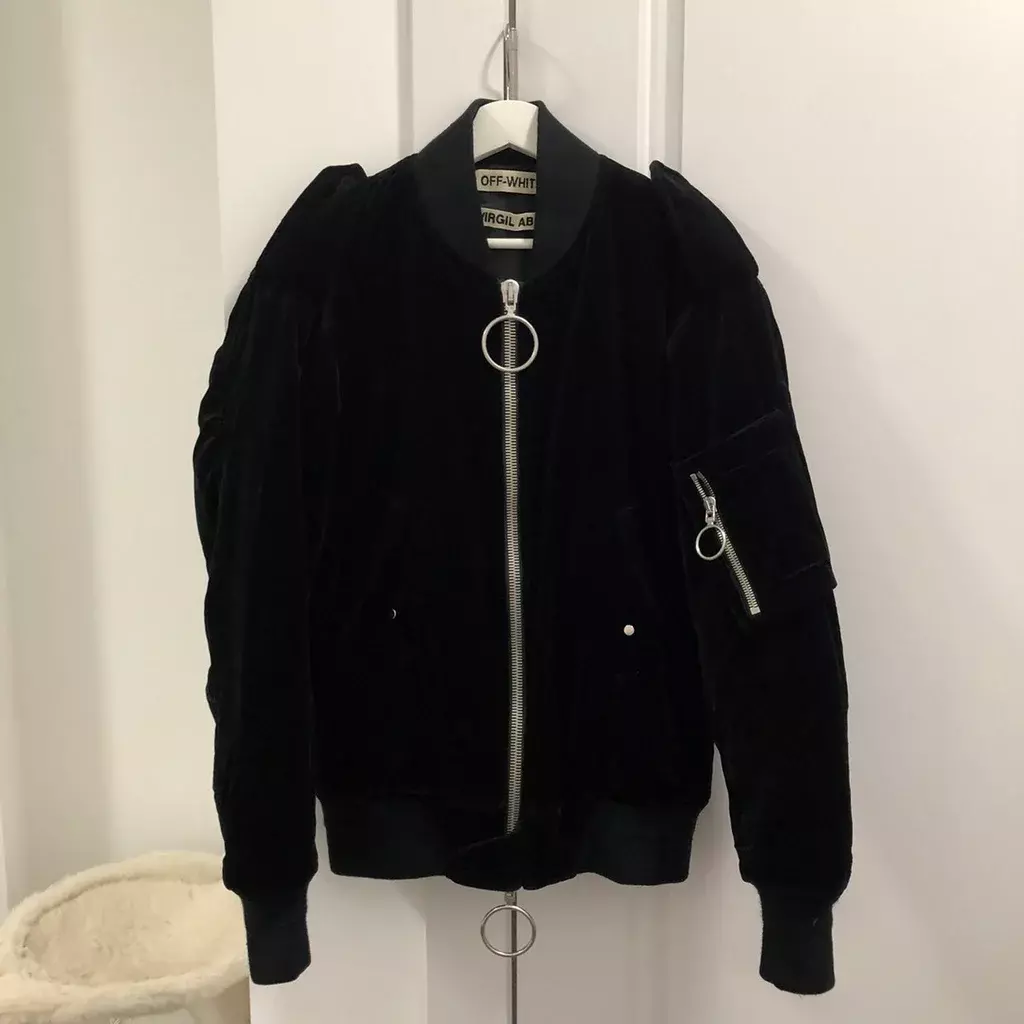 Virgil Abloh Off White black velvet velour Bomber Jacket Size Small