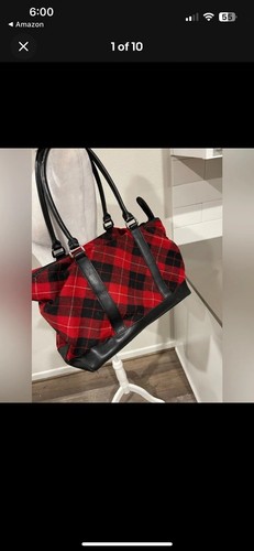 LL bean wool blend leather handle large plaid tote bag - Picture 4 of 7