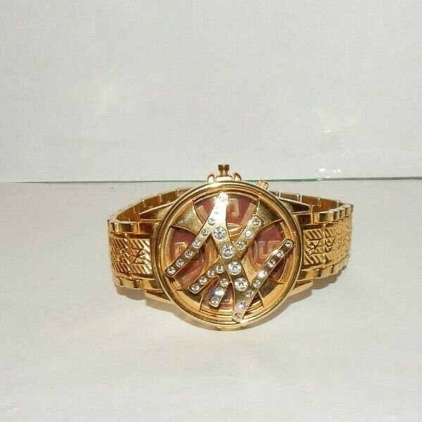 Gold Plated New York Watch~Charles Dumont~Rhinestones~NY Spins~Case opens~Quartz