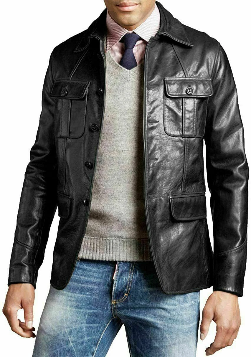 Men’s Genuine Lambskin Leather Classic 4 Button Blazer Black Jacket Patch Pocket