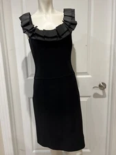 Oscar De La Renta Women’s Black Midi Sheath Ruffle Neck Dress Size 6