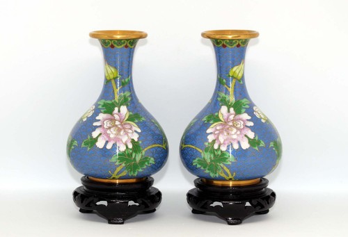 BEAUTIFUL QUALITY PAIR OF VINTAGE CHINESE CLOISONNE 5" VASES ON STANDS c.1990 - Picture 18 of 18
