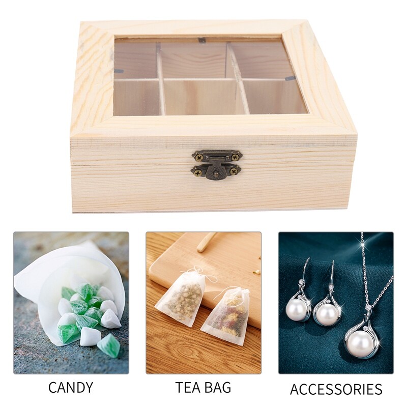 3X(Wooden Tea Bag Jewelry Organizer Chest Storage Box 9 Compartments