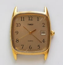 Vintage Timex Quartz Date Gold Dial Watch 29mm No Band Parts Repair