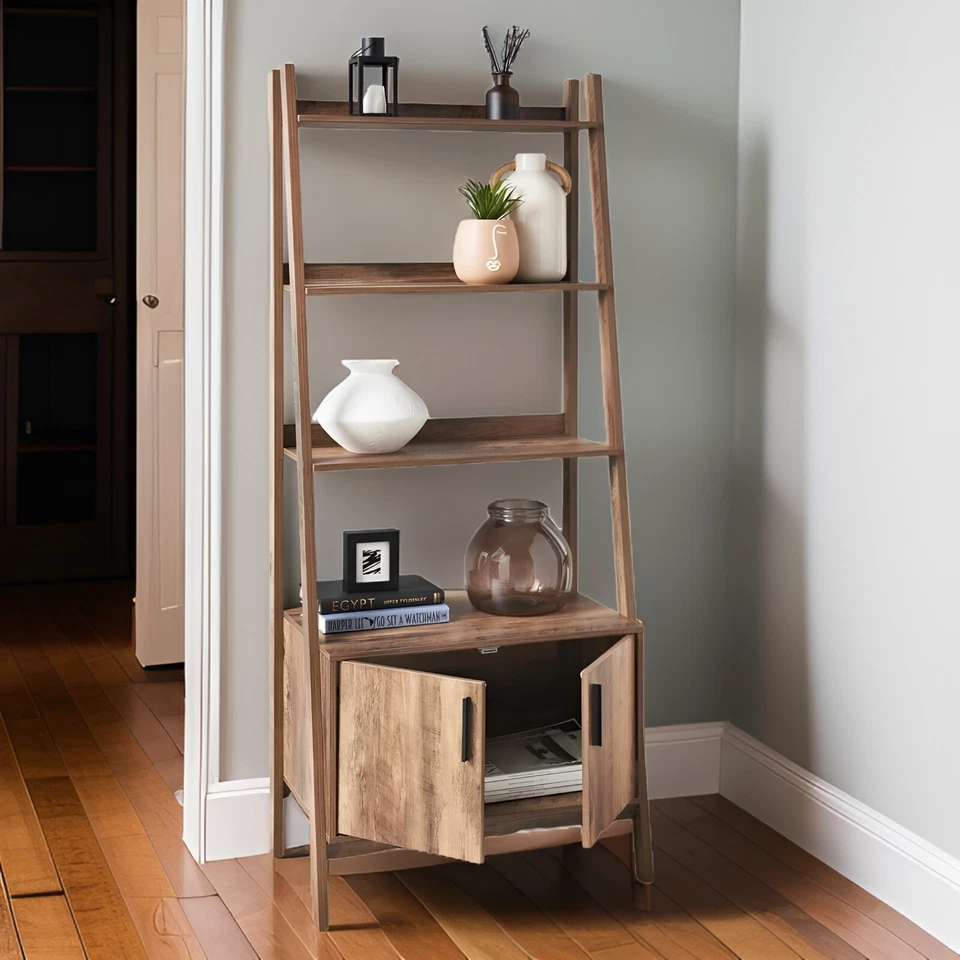2 Door 4 Tier Shelves Tall Bookcase Ladder Shelf Bookshelf Storage Display Unit - Image 2 of 4