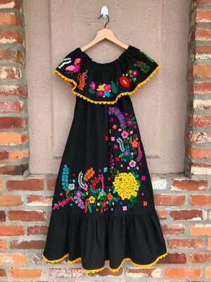 Handmade Embroidery Shoulder Ruffle Black Dress Flowers Multi-Color Design  | eBay