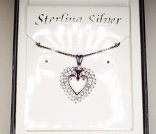 Sterling Silver Clear CZ Open Heart Pendant/18  Box Chain/In Box