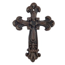 Small Cast Iron Wall Cross Floral Fleur De Lis Accents Antique Style 7.5 inch