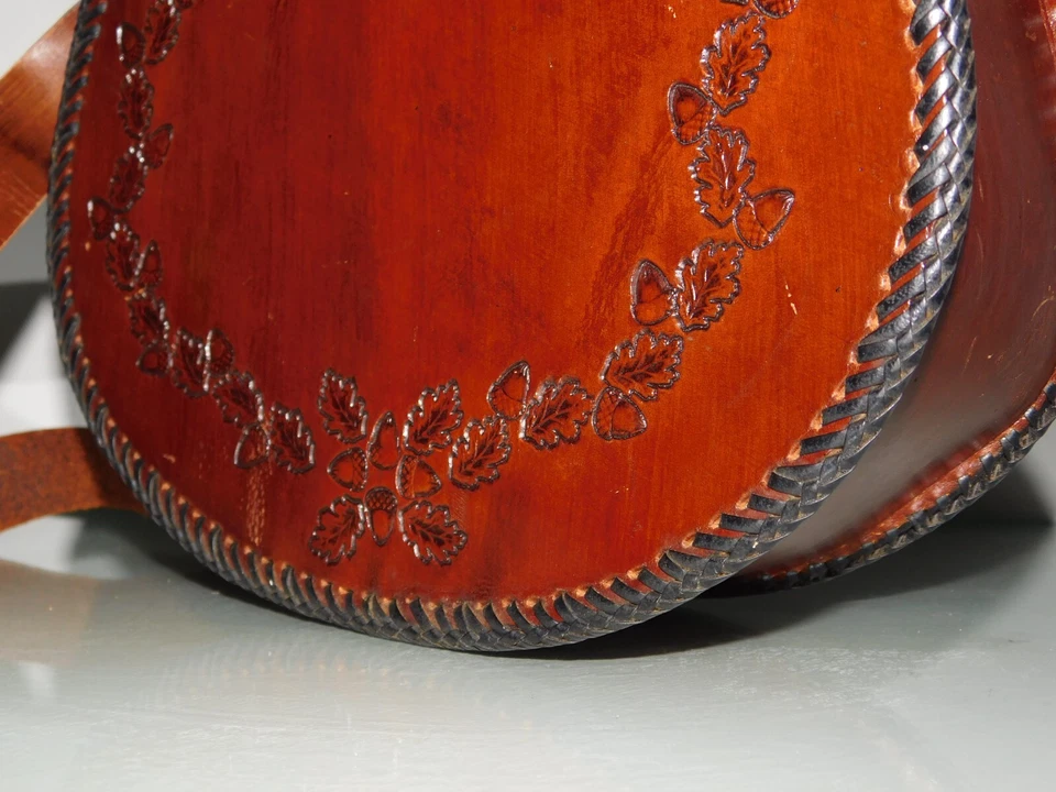 Vintage Brown Hand Tooled Leather Shoulder Bag Brass Studs Hippie Boho 60s 70s - Image 2 of 4