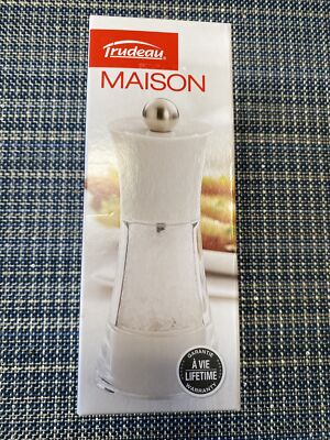 Trudeau Maison 5 inch White Salt Mill Ceramic with sea salt crystals gift