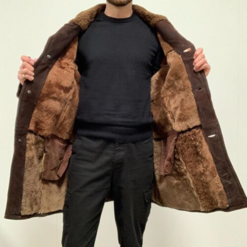 Genuine Sheepskin Shearling Buttoned Belted Coat Brown Size XL - Picture 3 of 6