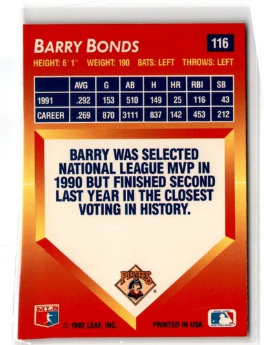 Triple Play Barry Bonds Pittsburgh Pirates #116 1992 - Imagen 2 de 2