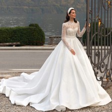 Luxury High Neck Satin Wedding Dresses Long Sleeve Beading Appliques Button Back